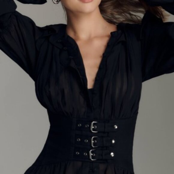 Anthropologie Long-Sleeve Sheer Corset Blouse black size xxs - Picture 3 of 7